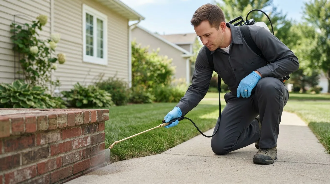 Pest control technician treating a home near Powersville, MO