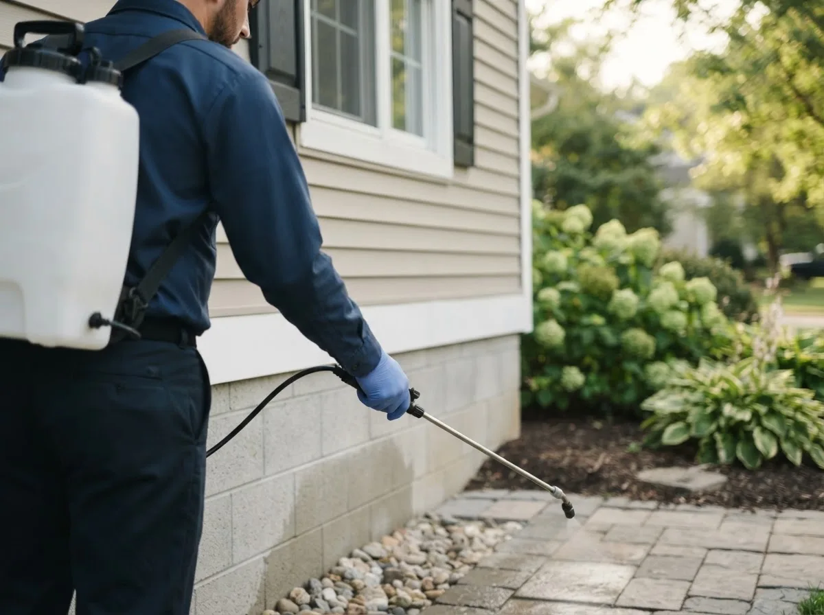 Pest control technician inspecting a home in Powersville, MO